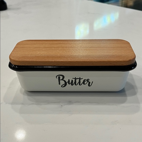 White and Black Butter Dish with Wooden Lid - Picture 1 of 5